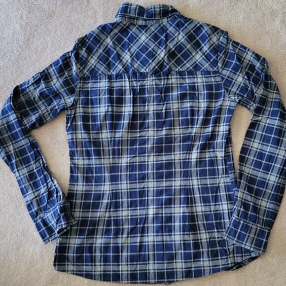 Roots Flannel Plaid Button Down Shirt Women's Size S Roots Canada Blue Gray Plai - Picture 8 of 8